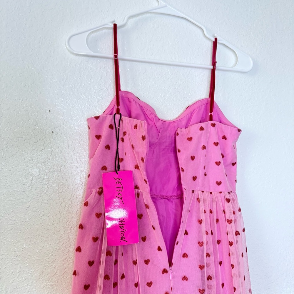 Betsey Johnson NWT Pale Pink Glitter Foil Sweetheart Tiered Corset Tule Dress 2 - Picture 6 of 10